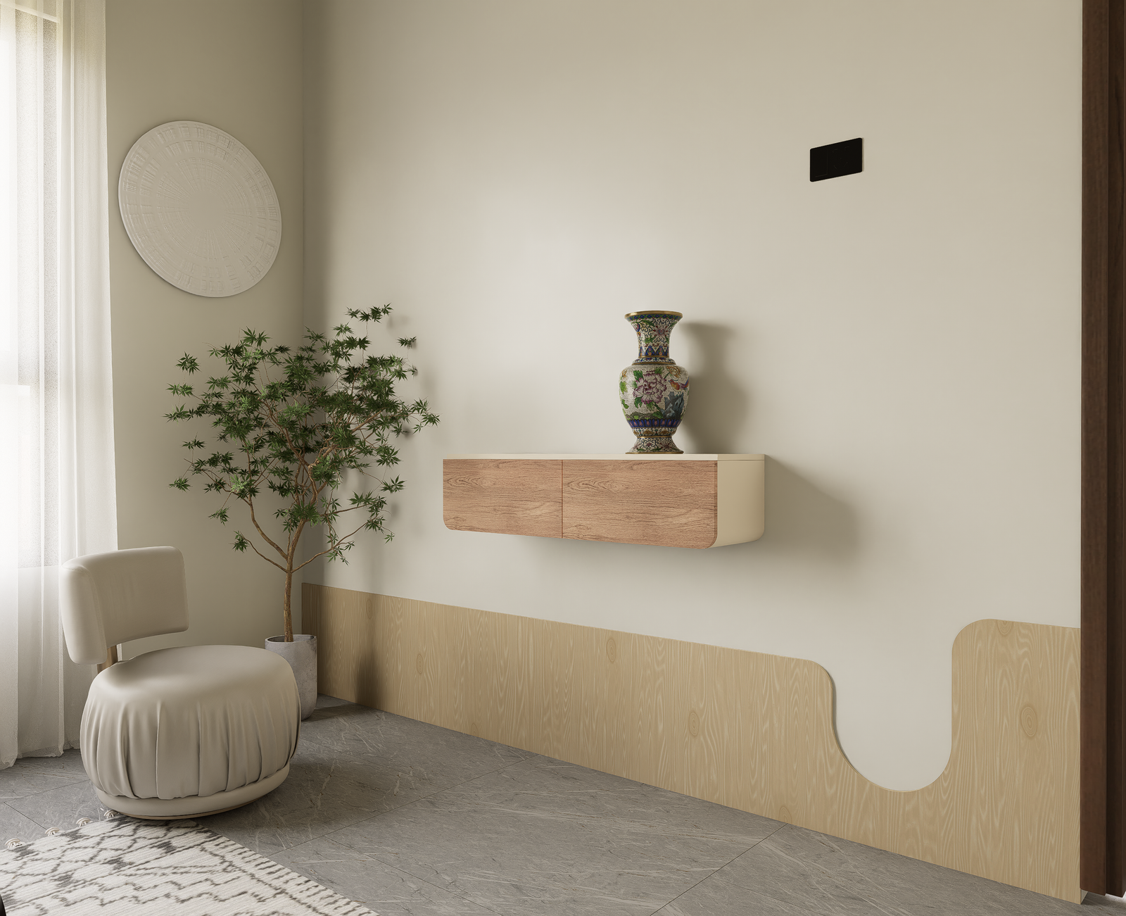Living space with floating wood console, decorative vase and cane armchair